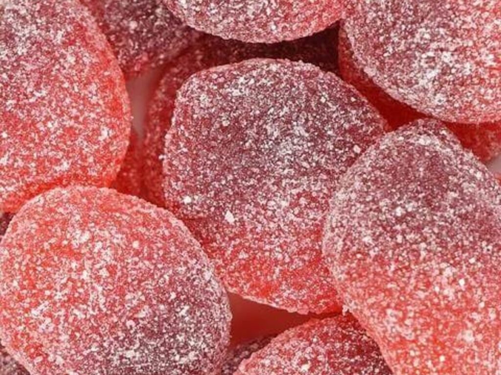 THC infused sour cherry slice gummies coated in sour sugar
